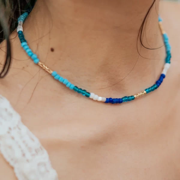 summer blue white seed bead ocean women's necklace