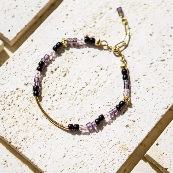 women's handmade everyday black purple beaded bracelet