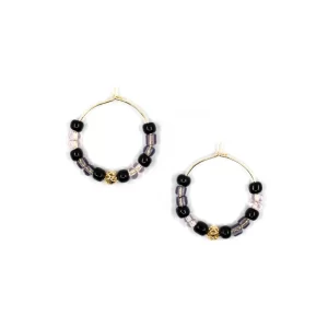 handmade black purple beaded hoop earrings