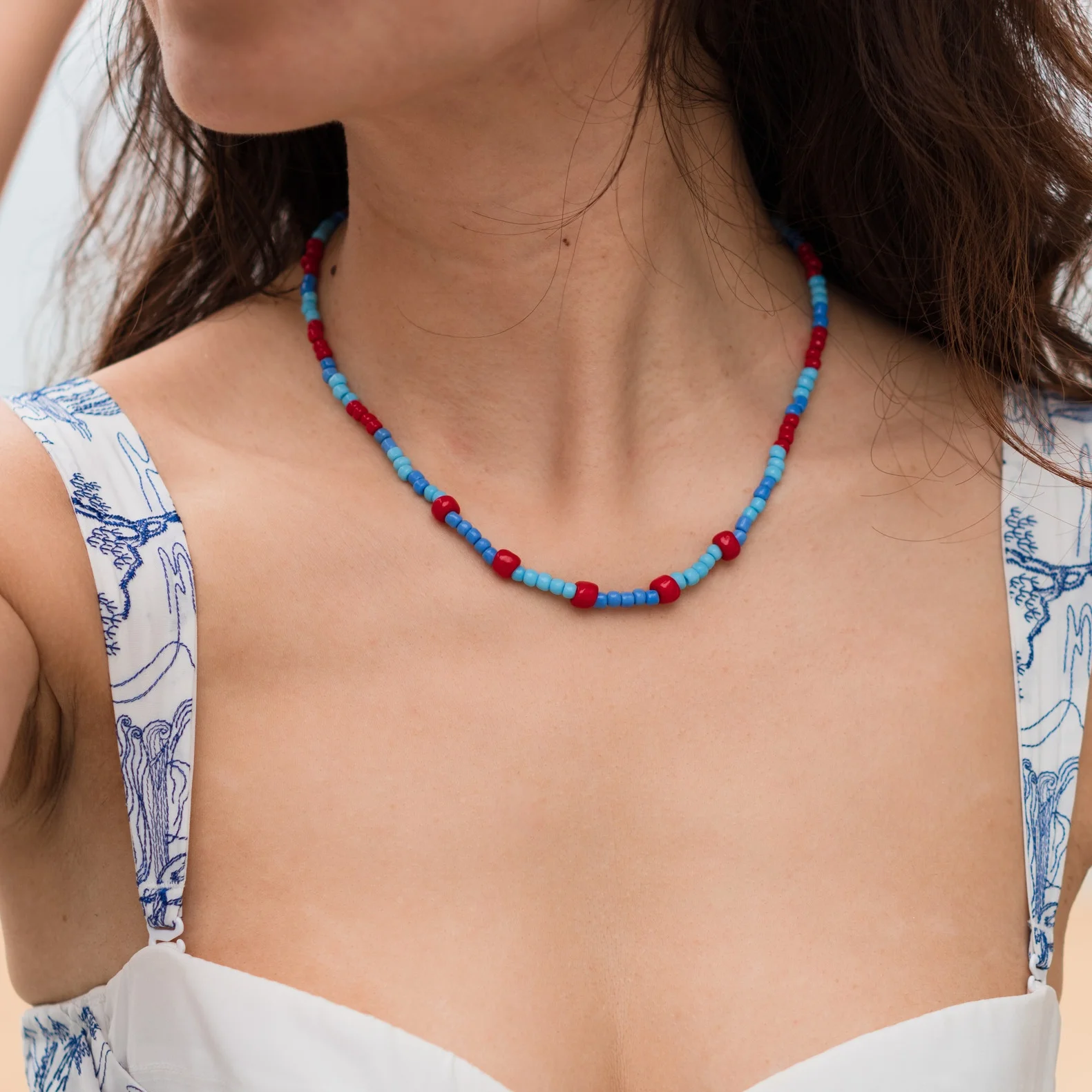 summer handmade blue red beaded necklace for women