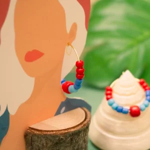 summer handmade blue red beaded hoop earrings