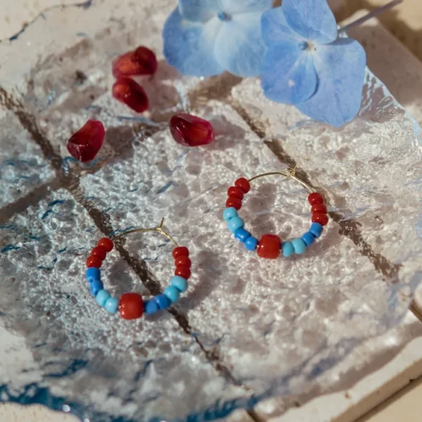 summer handmade blue red beaded hoop earrings