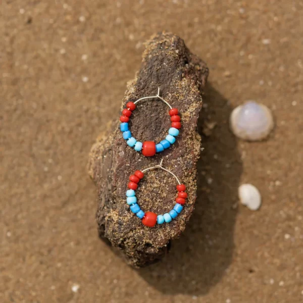 summer handmade blue red beaded hoop earrings