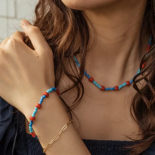 summer handmade blue red beaded necklace for women