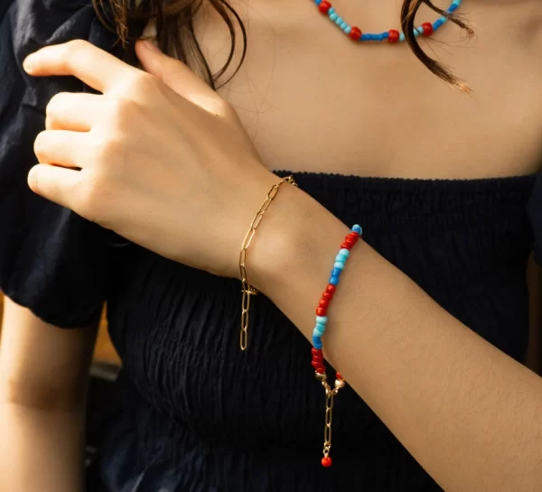 women's tiny blue red glass seed bead bracelet