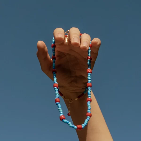 summer handmade blue red beaded station necklace for women