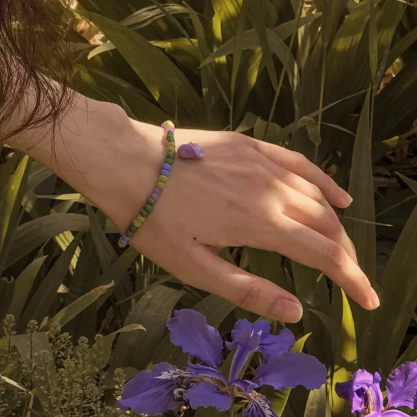 handmade purple green beaded flower bracelet for women