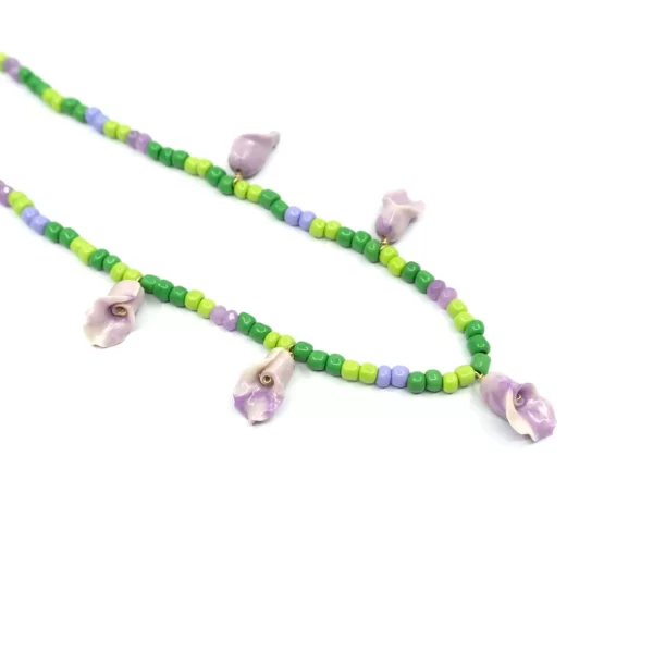 handmade purple green beaded flower necklace for women