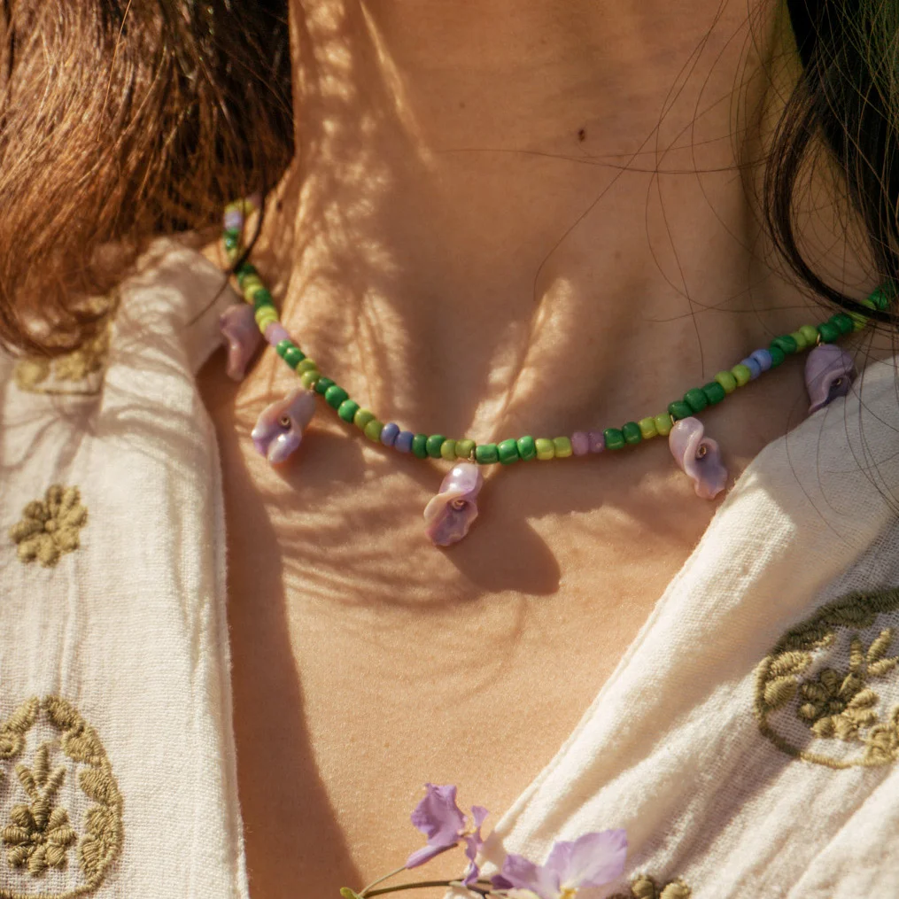 handmade purple green beaded flower necklace for women