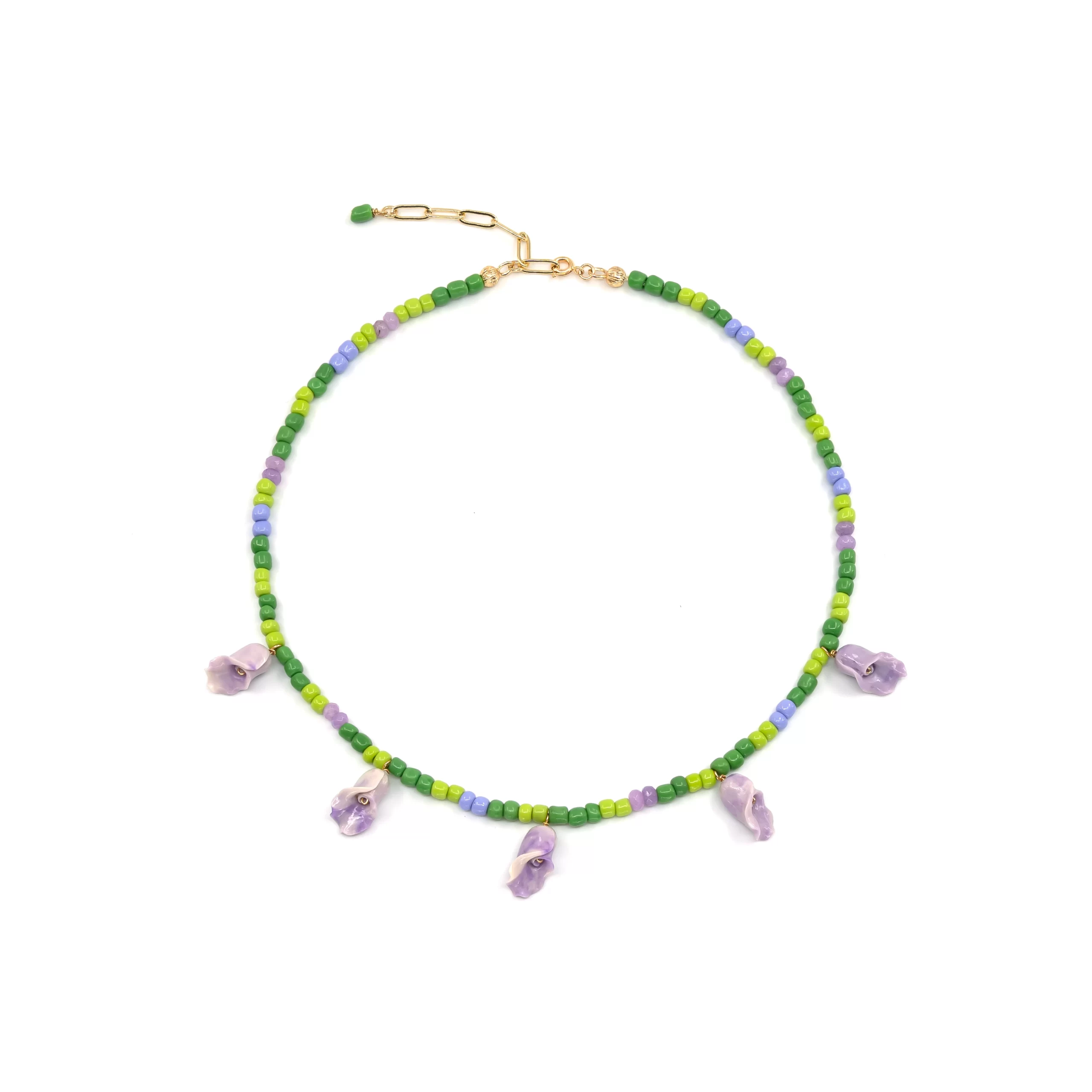 handmade purple green beaded flower necklace for women