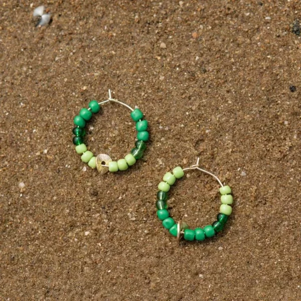 green handmade beaded hoop earrings