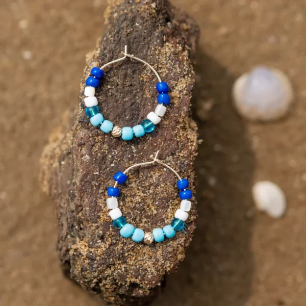 blue white handmade hoop earrings with beads