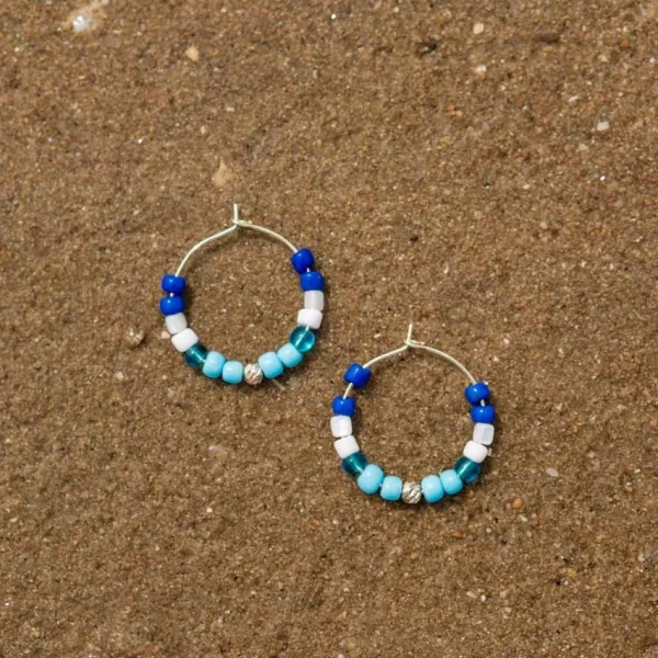 blue white handmade hoop earrings with beads