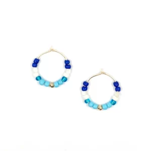 blue white handmade hoop earrings with beads