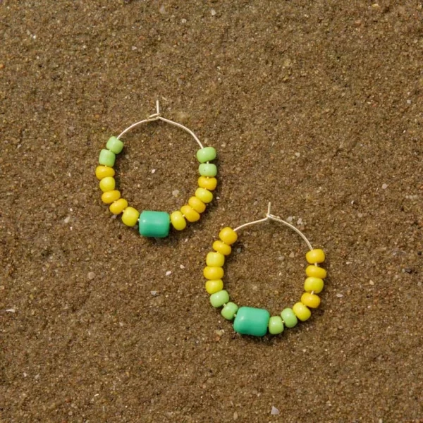 green yellow handmade beaded hoop earrings