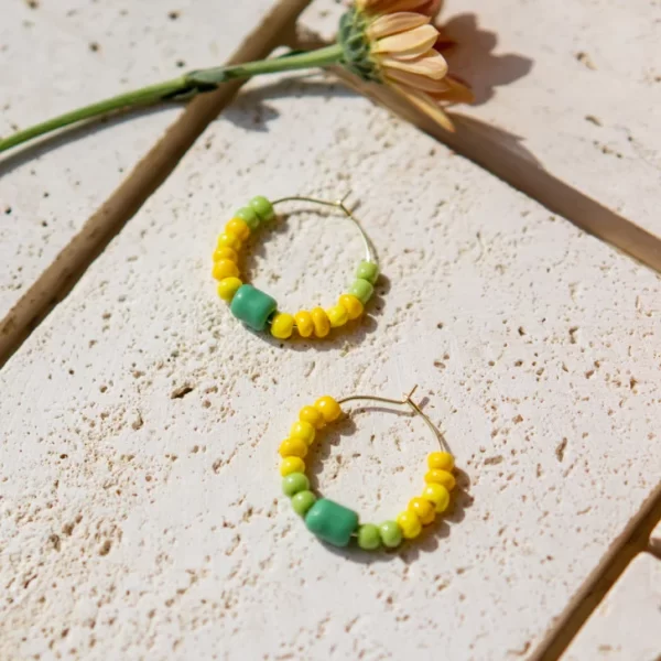 green yellow handmade beaded hoop earrings