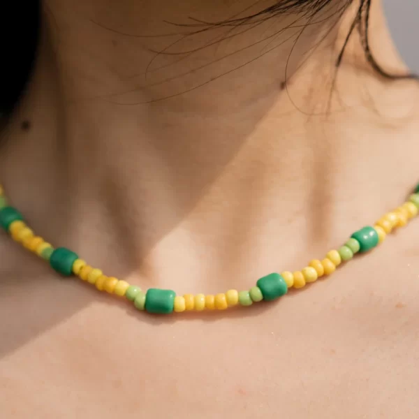 women's handmade green yellow bead necklace