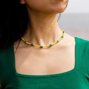 women's handmade green yellow bead necklace