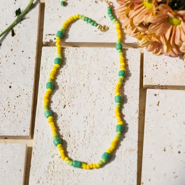 women's handmade green yellow bead necklace