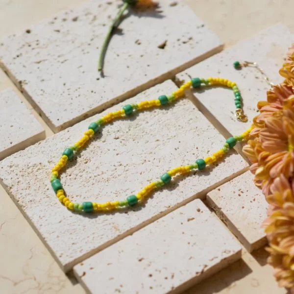 women's handmade green yellow bead necklace