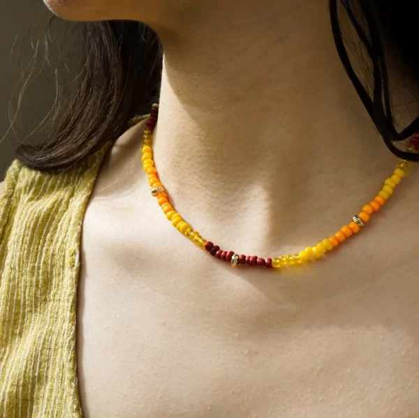 handmade brown yellow orange small beaded necklace