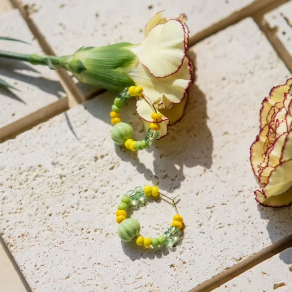 green yellow handmade hoop earrings with beads