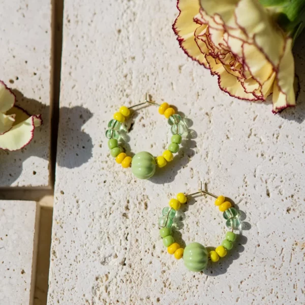 green yellow handmade hoop earrings with beads