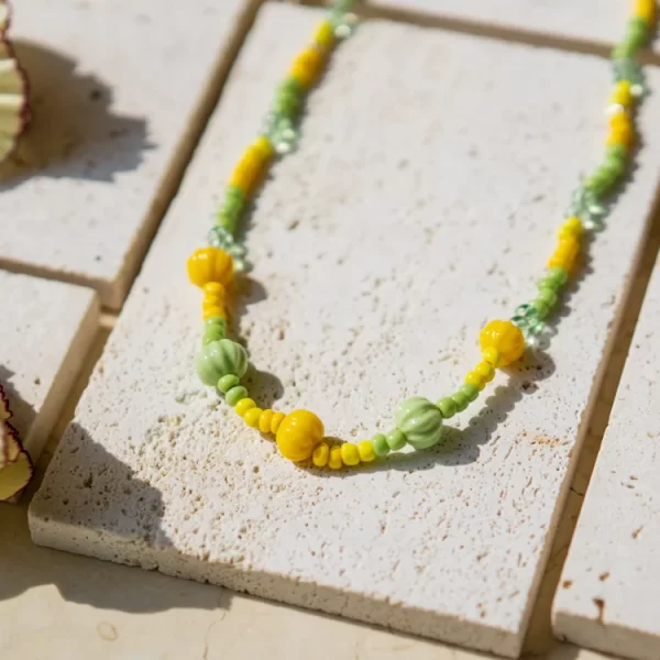 handmade green yellow glass bead necklace