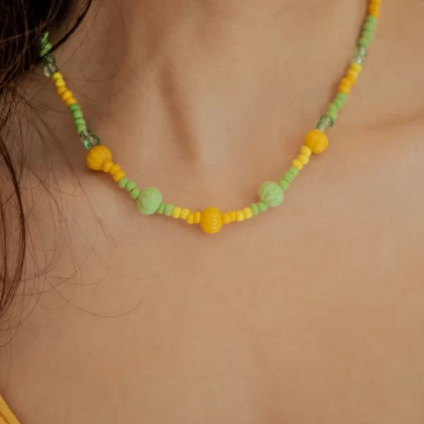 handmade green yellow glass bead necklace