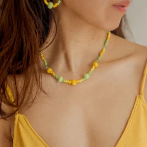 handmade green yellow glass bead necklace