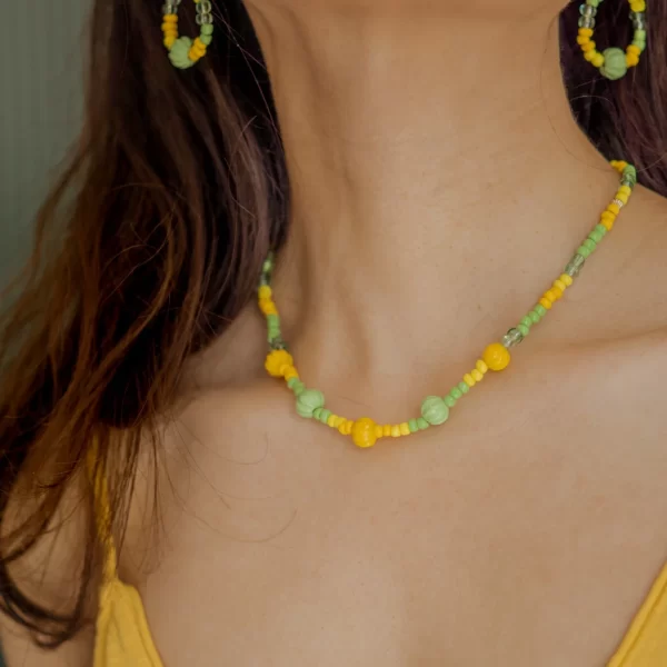 handmade green yellow glass bead necklace