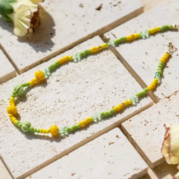 handmade green yellow glass bead necklace