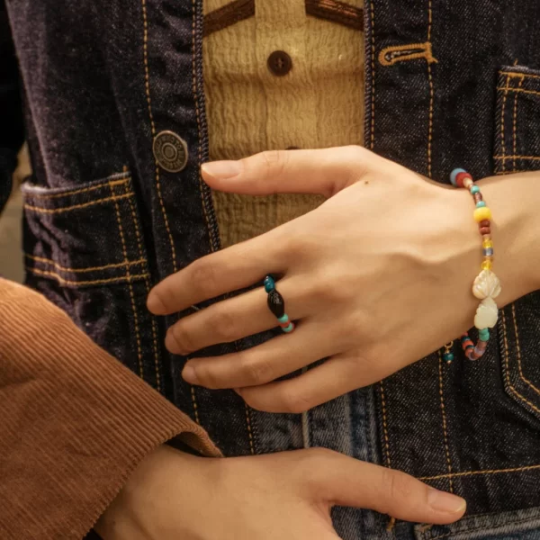 handmade black blue red glass bead ring