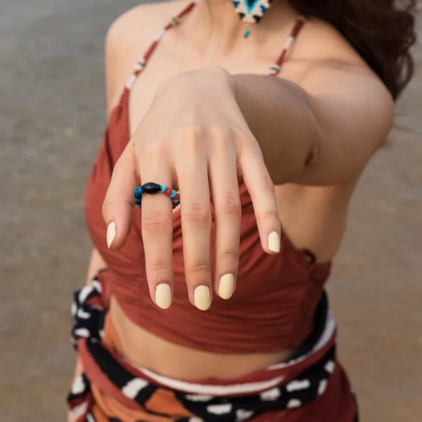 handmade black blue red glass bead ring