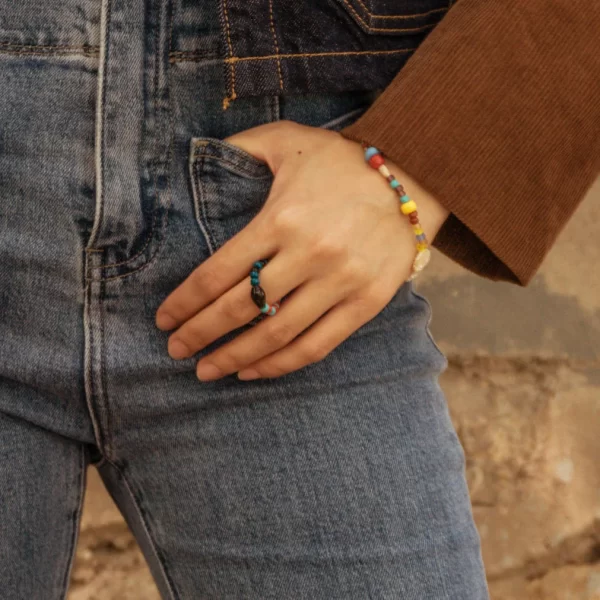 handmade black blue red glass bead ring