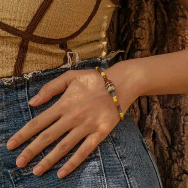 handmade blue brown yellow glass bead bracelet