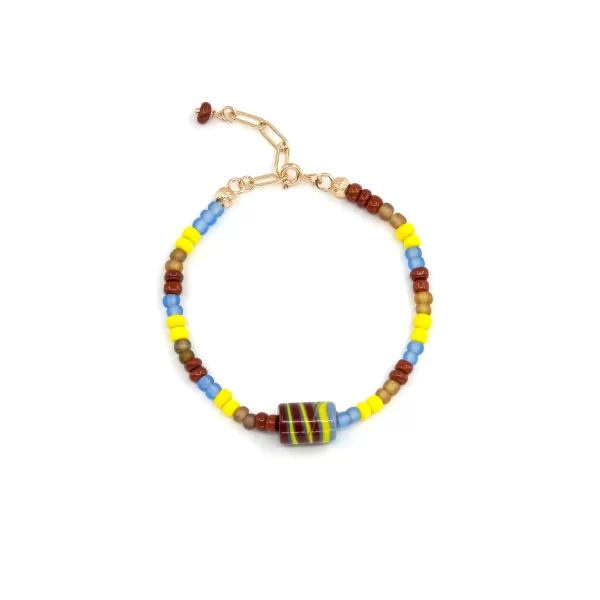 handmade blue brown yellow glass bead bracelet