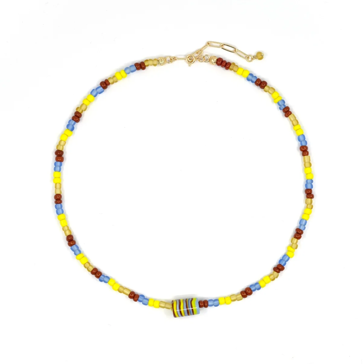 handmade blue brown yellow glass bead necklace