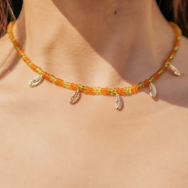 summer handmade orange green beaded necklace