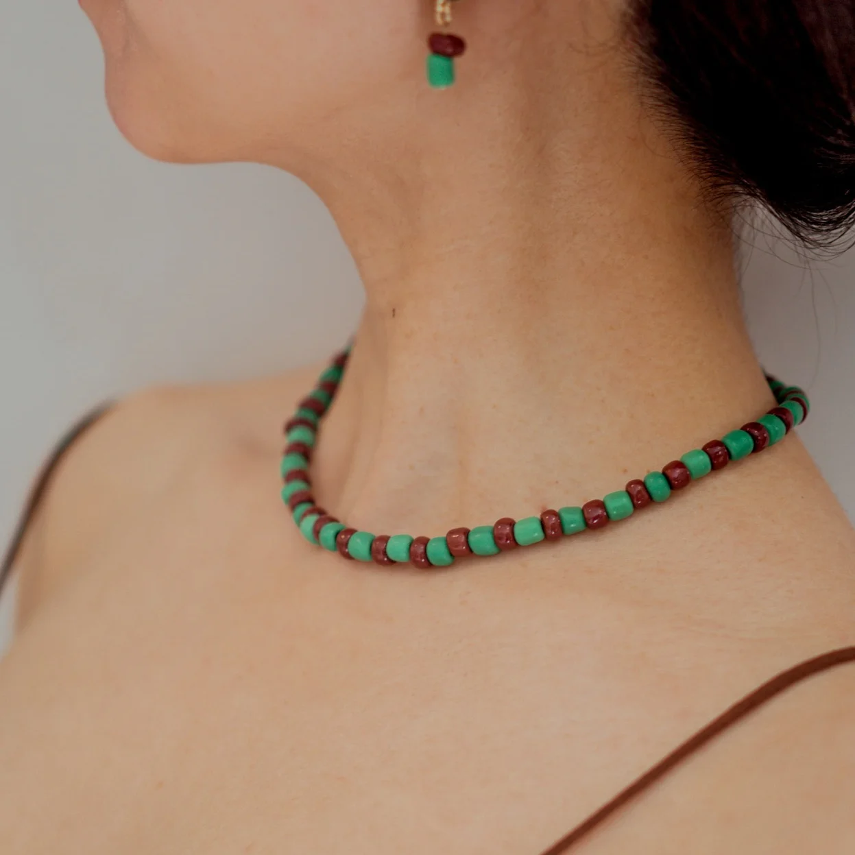 handmade big green brown beaded necklace for men and women