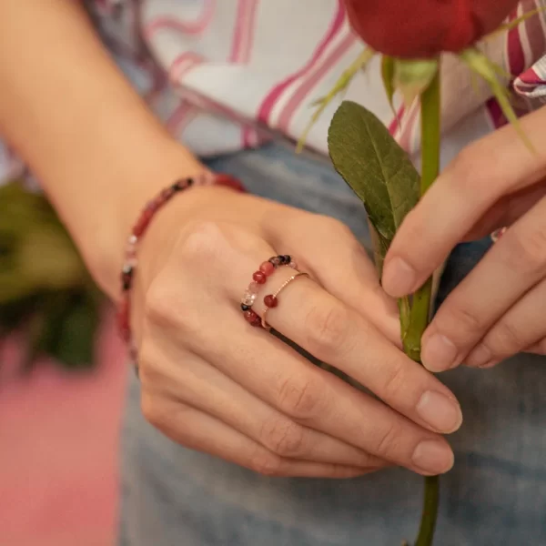 handmade red black beaded ring set