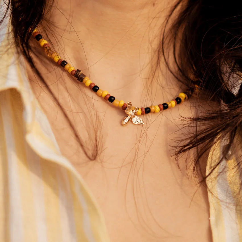 everyday colorful yellow orange black beaded necklace for women