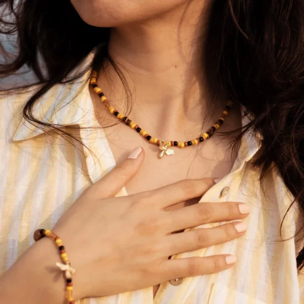 everyday colorful yellow orange black beaded necklace for women