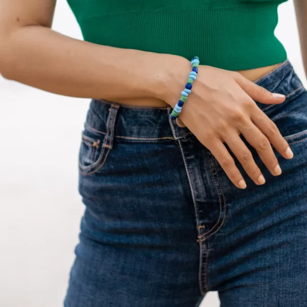 women’s handmade big blue green bead bracelet