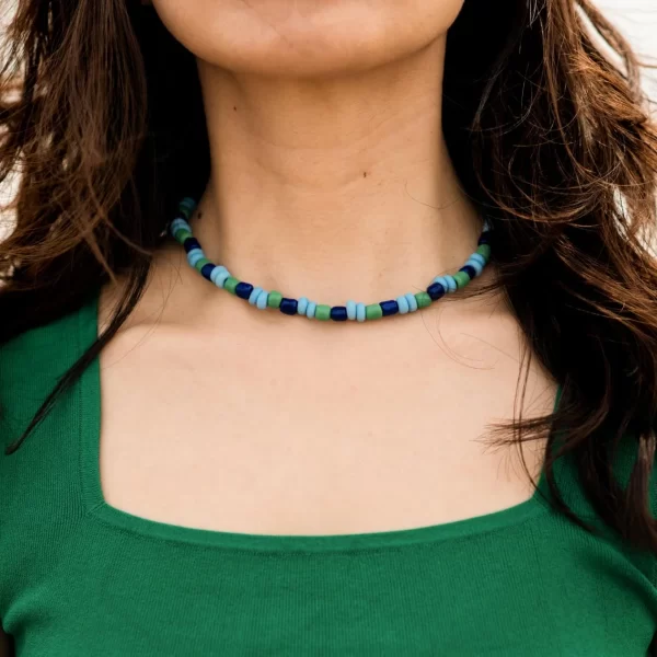 women’s big handmade blue green bead necklace