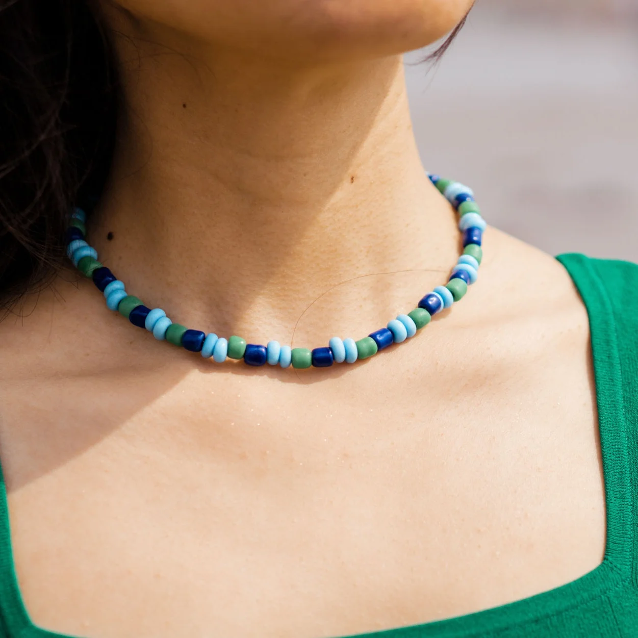 women’s big handmade blue green bead necklace