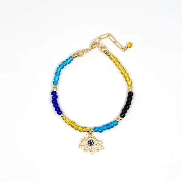 handmade blue yellow black beaded evil eye bracelet