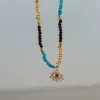 handmade blue yellow black beaded evil eye necklace for women