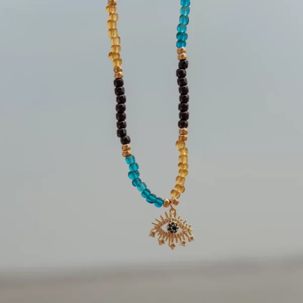 handmade blue yellow black beaded evil eye necklace for women