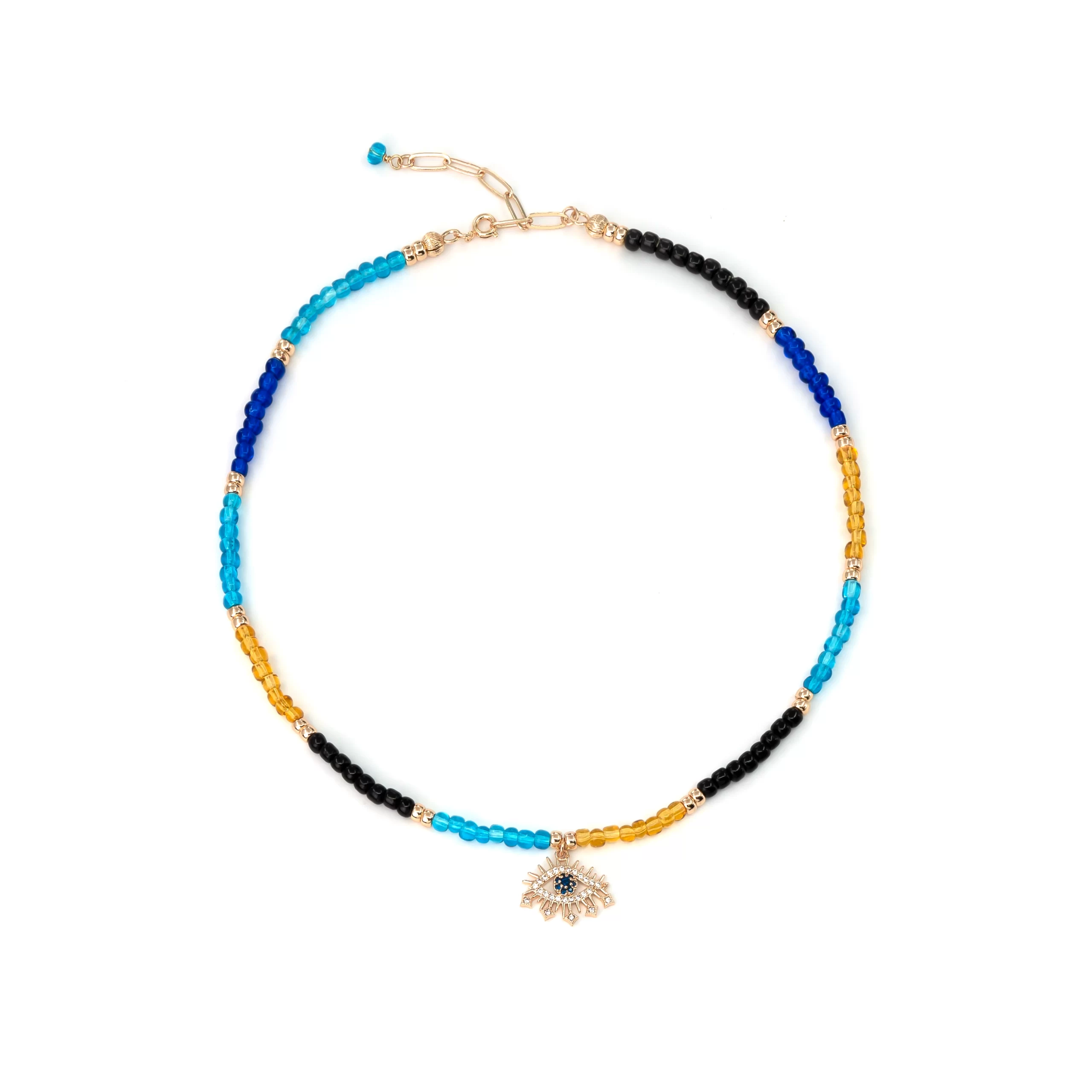 handmade blue yellow black beaded evil eye necklace for women